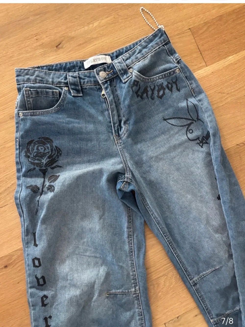 PLAYBOY Blue Wide-Leg Jeans with Black Graphic Prints 7